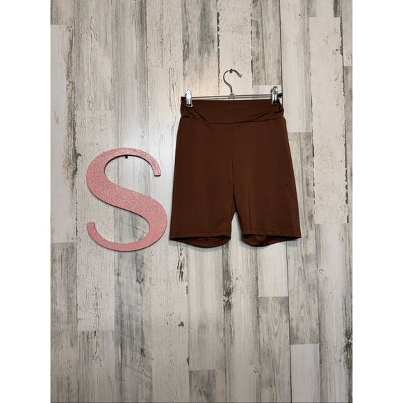 Brown High Waist Stretch Biker Shorts Size S – Soft Polyester, Comfy Fit - Picture 1 of 8